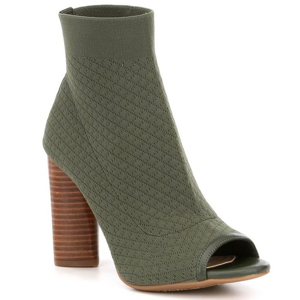 New GIANNI BINI Bergen Olive Green Stretch Peep Toe Sock Booties 5.5
